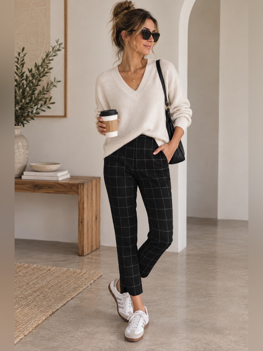 Marine Layer Black Windowpane Plaid Pull On Cropped Ankle Pants